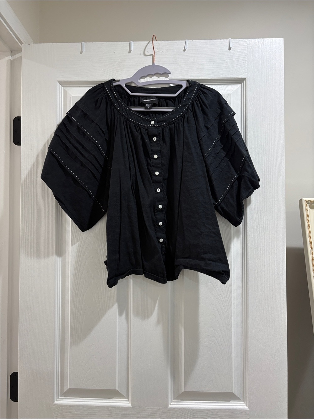 Fifteen Twenty Women’s Small Black Button-Front Peasant Top Linen Rayon Blend